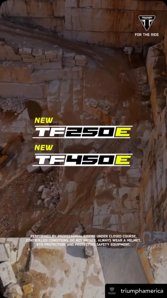 The new Triumph Enduro range. Engineered with race-proven performance, precision handling, and intuitive technology to conquer every challenge with confidence.

The tougher it is, the better it gets.

#ForTheRide #TriumphMotorcycles #TF250E #TF450E #Enduro 

Performed by a professional rider, under closed and controlled conditions. Do not imitate. Always wear appropriate protective safety equipment. (opens in a new window)