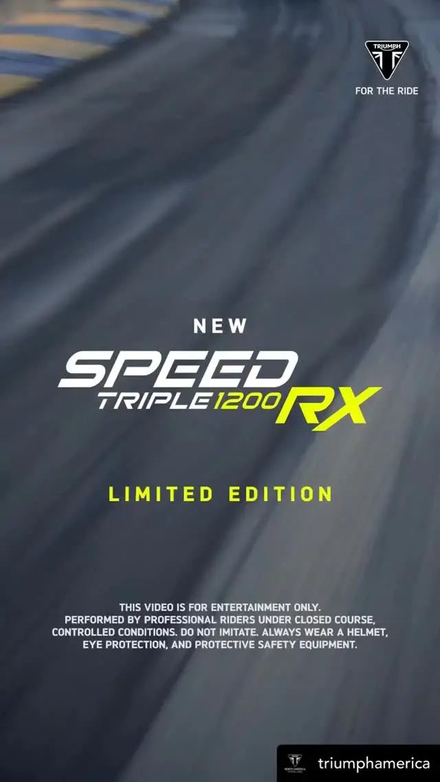 Unleash the power of the new Speed Triple 1200 RX Limited Edition🔥

Sharper and more focused than ever before. With only 1,200 available globally, this exclusive edition features Semi-active Öhlins suspension and a race-inspired riding position. 

#ForTheRide #TriumphMotorcycles #SpeedTriple1200RX (opens in a new window)